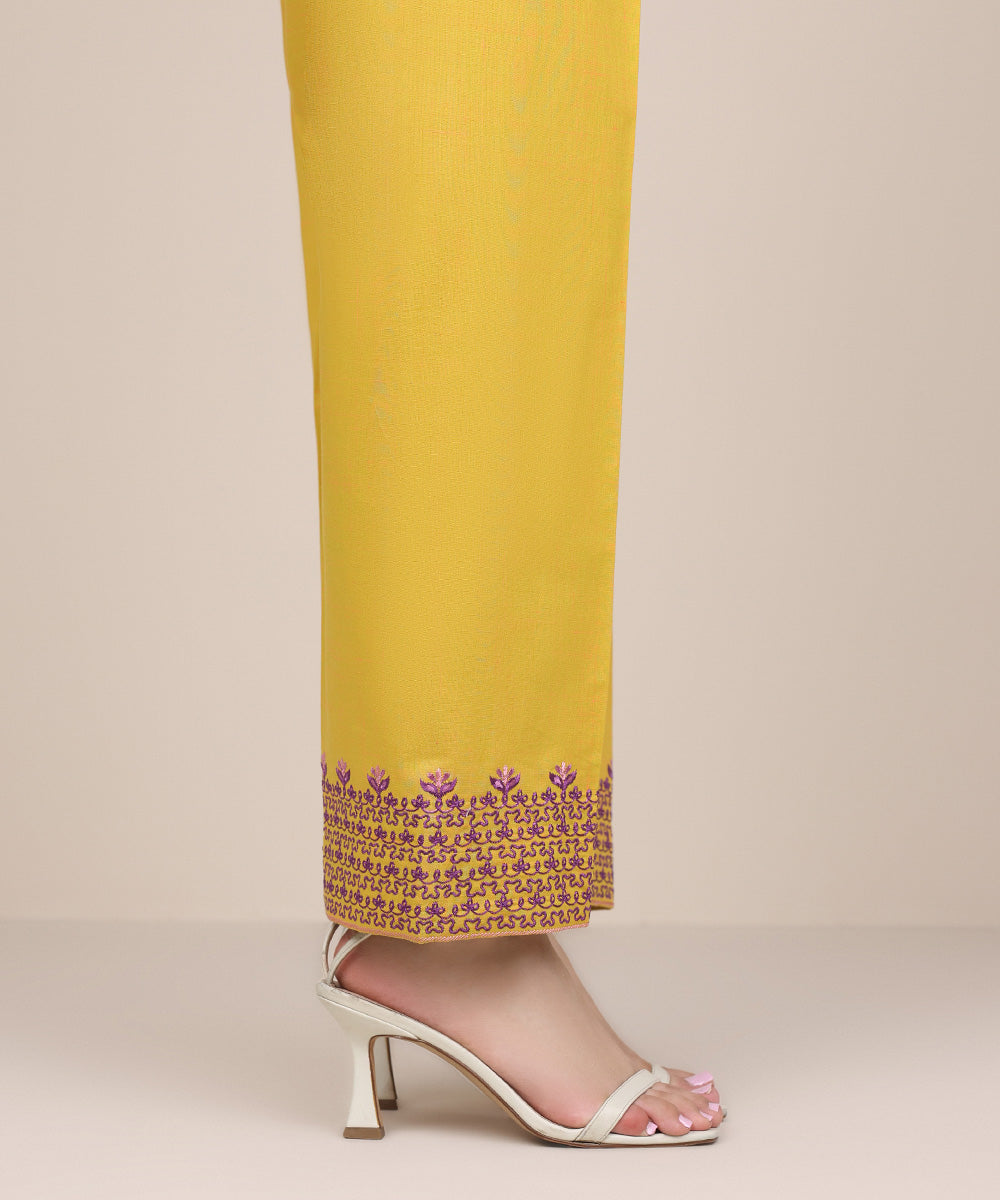 Women's Pret Textured Cotton Yellow Embroidered Straight Pants