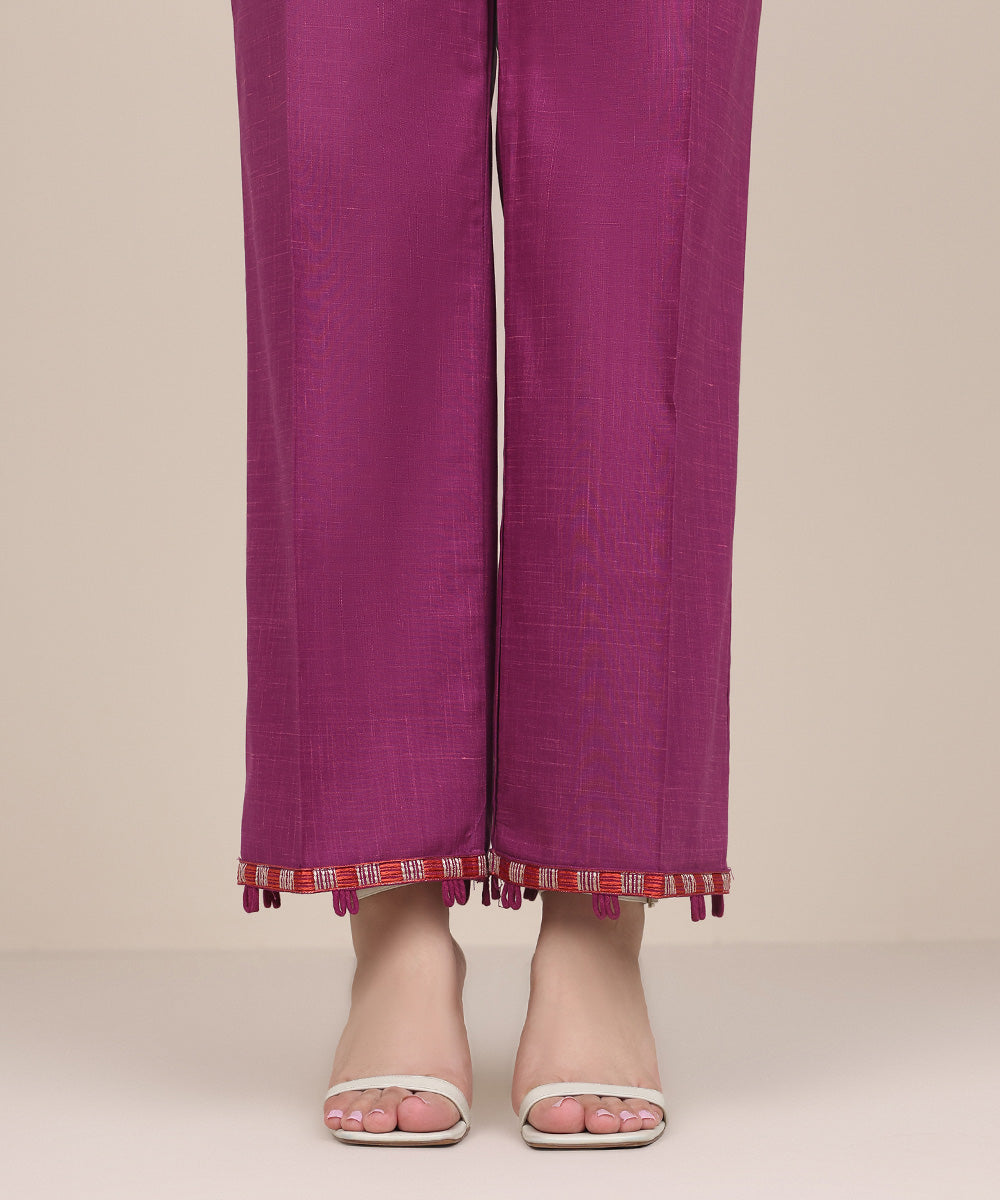 Women's Pret Textured Cotton Purple Embroidered Straight Pants