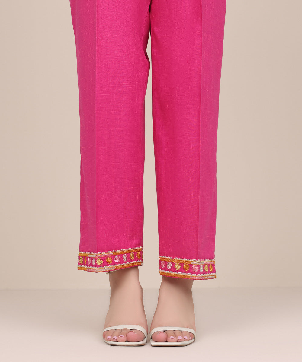 Women's Pret Textured Cotton Pink Embroidered Straight Pants