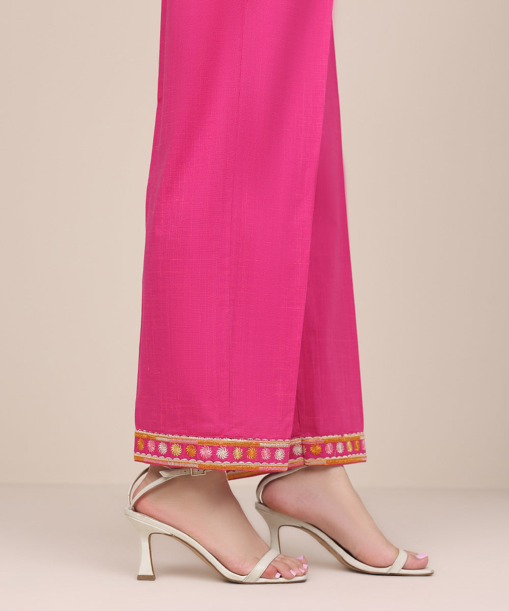 Women's Pret Textured Cotton Pink Embroidered Straight Pants