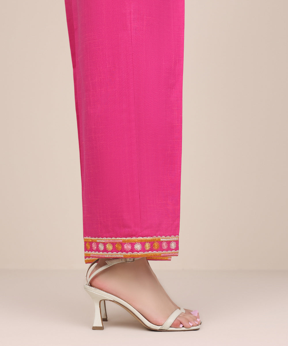 Women's Pret Textured Cotton Pink Embroidered Straight Pants