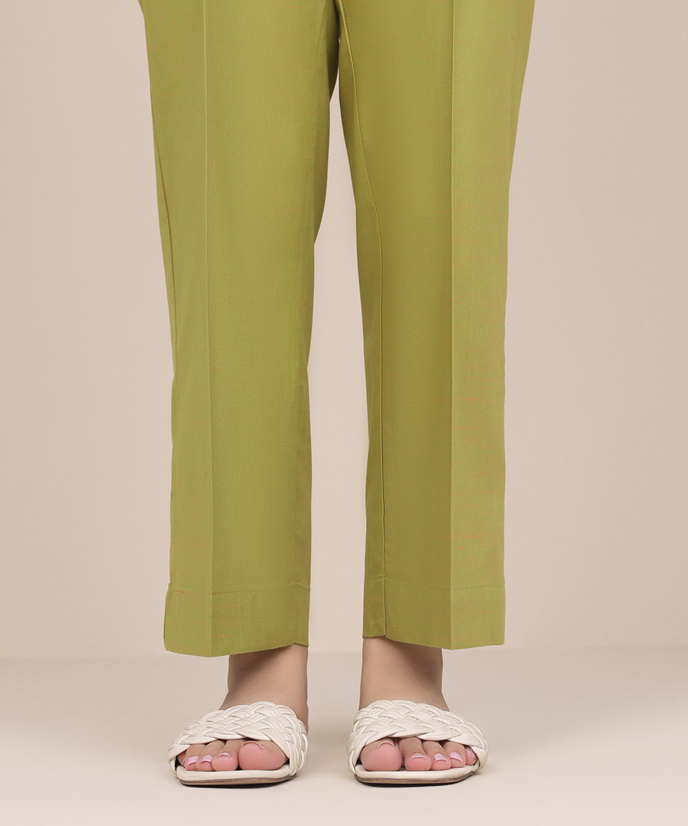 Women's Pret Textured Cotton Green Solid Straight Pants