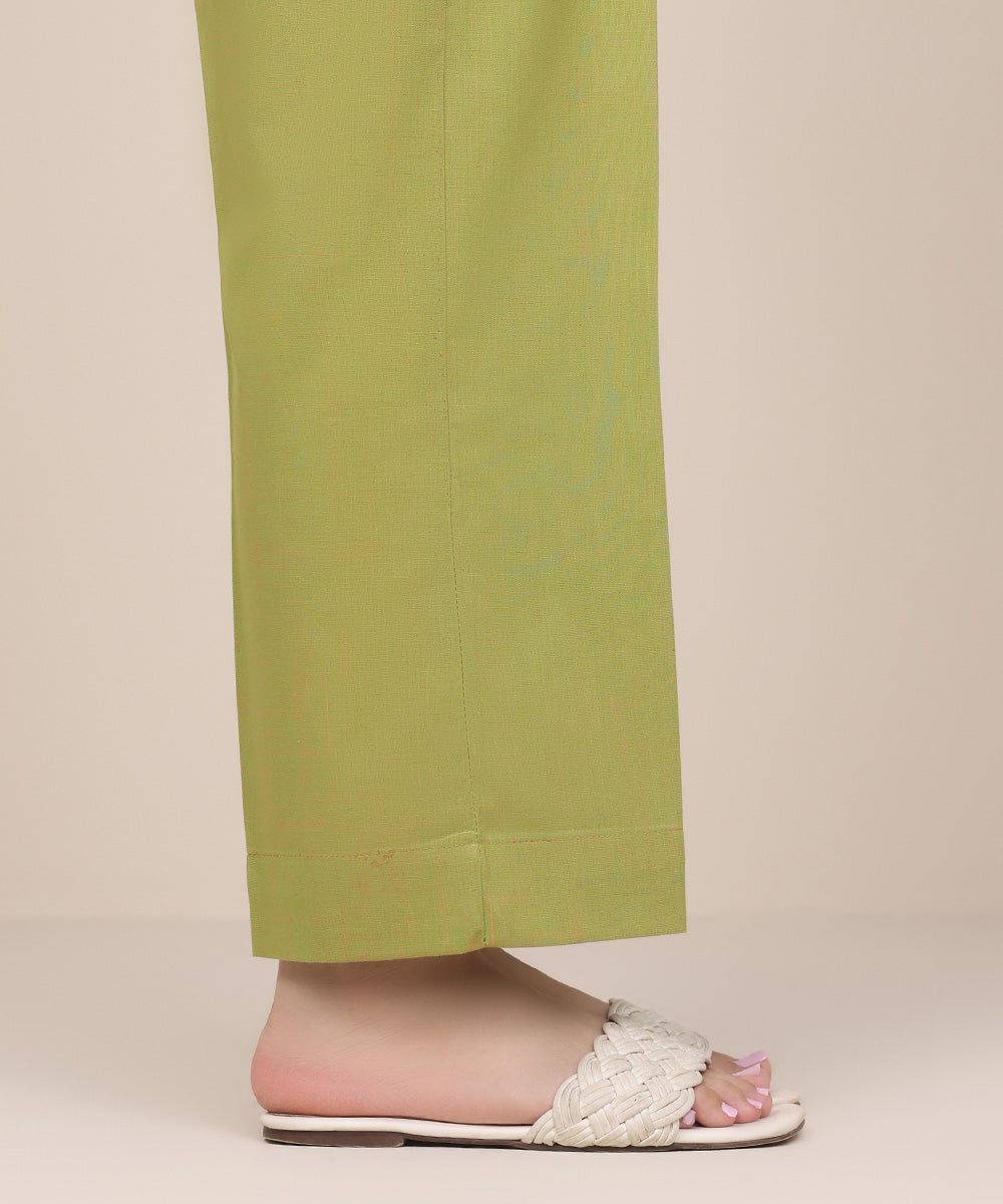 Women's Pret Textured Cotton Green Solid Straight Pants