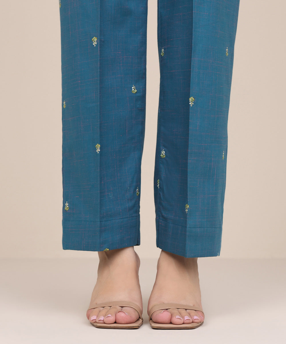 Women's Pret Textured Cotton Blue Embroidered Straight Pants