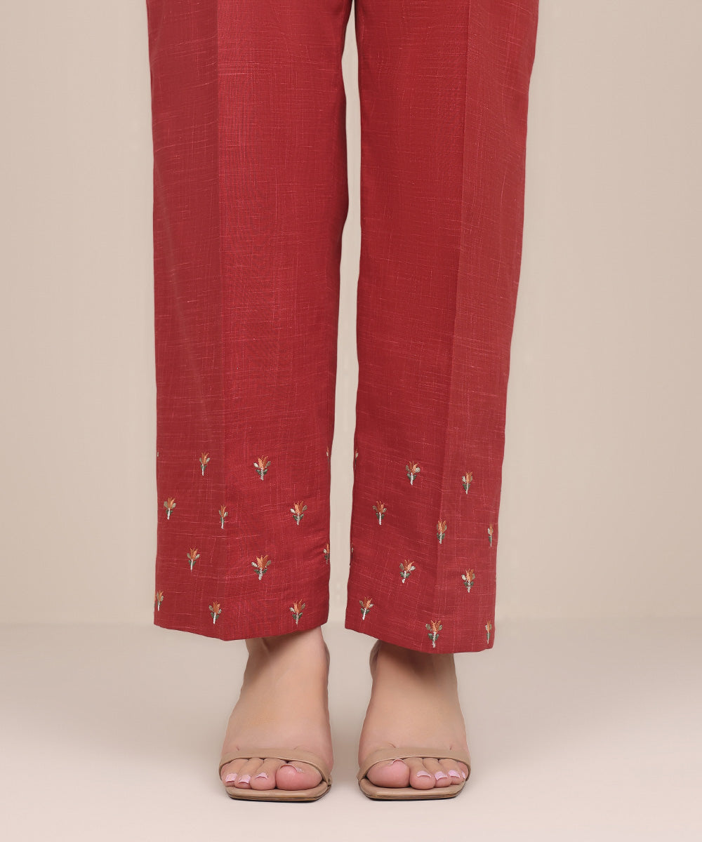 Women's Pret Textured Cotton Red Embroidered Straight Pants