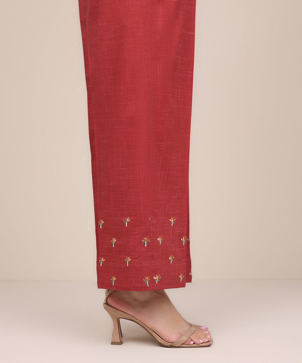 Women's Pret Textured Cotton Red Embroidered Straight Pants