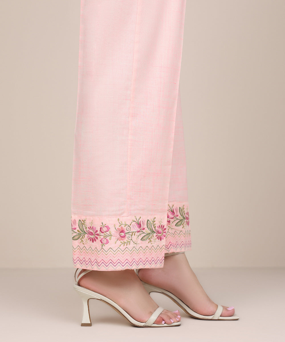 Women's Pret Textured Cotton Pink Embroidered Straight Pants