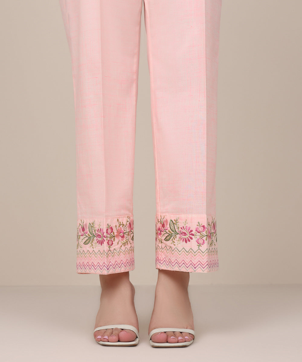 Women's Pret Textured Cotton Pink Embroidered Straight Pants