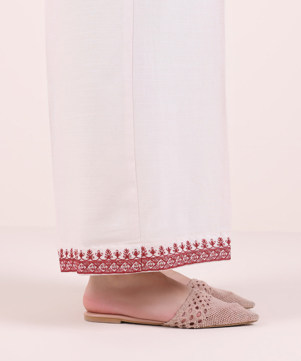 Women's Pret Dull Raw Silk Embroidered Off White Culottes