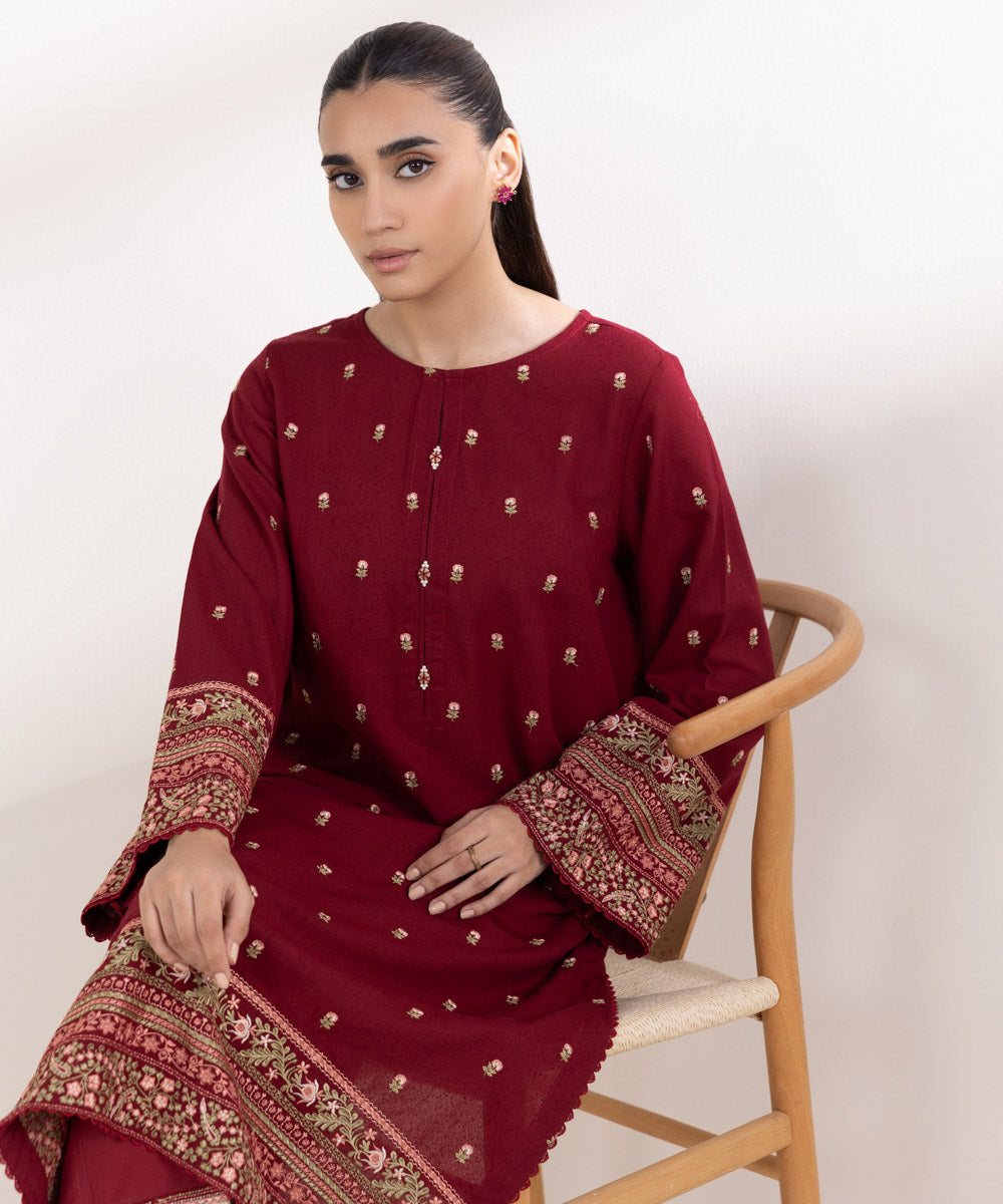 Women's Pret Karandi Embroidered Red A-Line Shirt