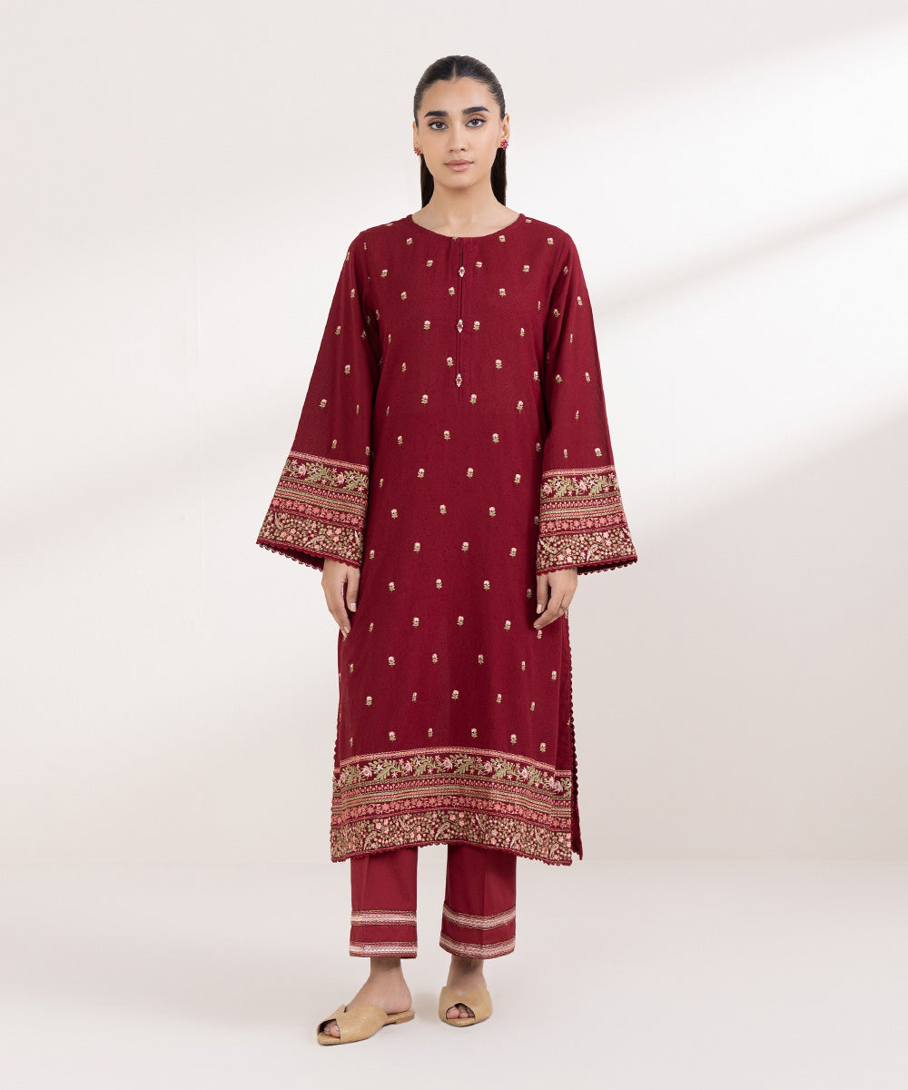 Women's Pret Karandi Embroidered Red A-Line Shirt