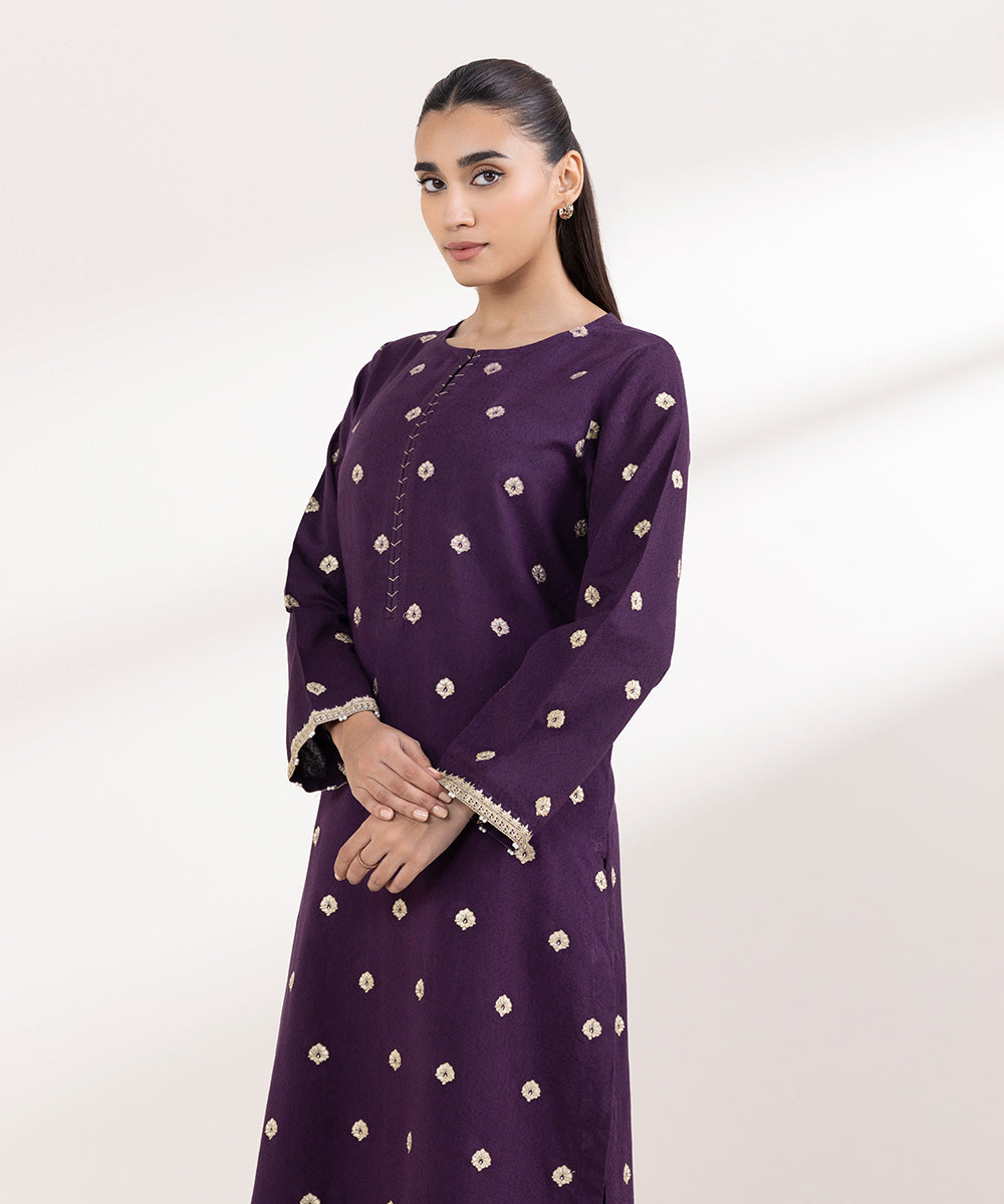 Women's Pret Karandi Embroidered Purple A-Line Shirt