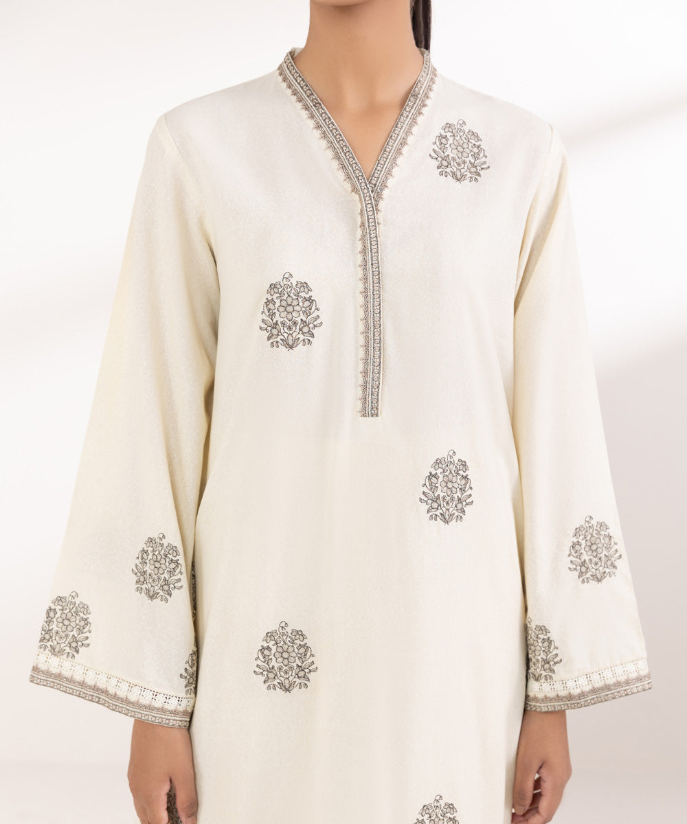 Women's Pret Karandi Embroidered Off White A-Line Shirt