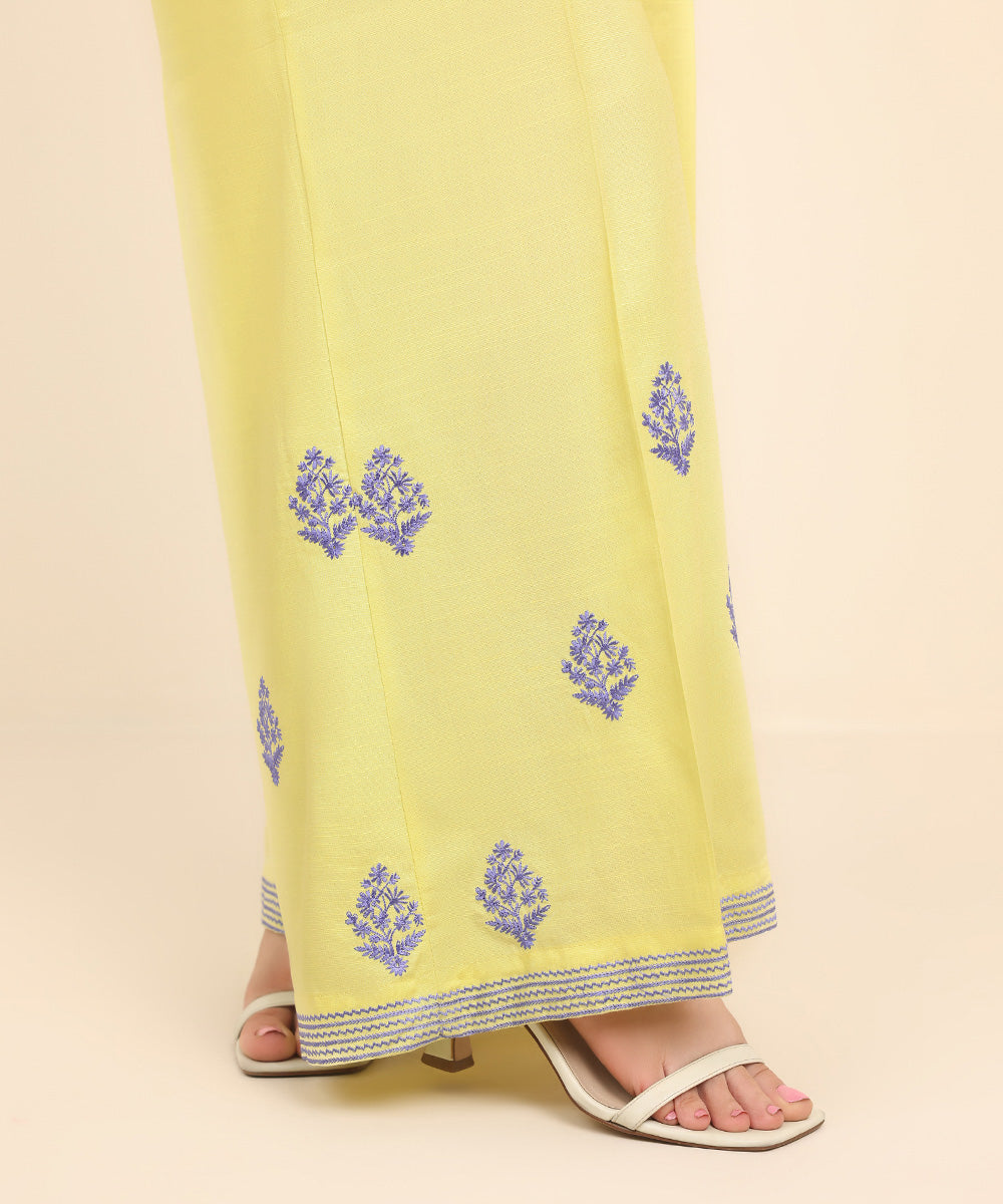 Women's Pret Dull Raw Silk Yellow Embroidered Flared Pants