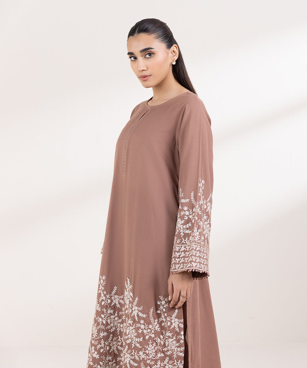 Women's Pret Karandi Embroidered Brown A-Line Shirt