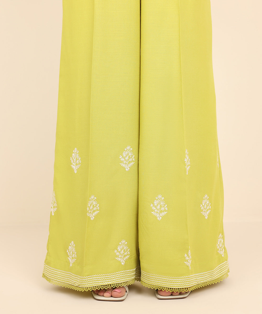 Women's Pret Dull Raw Silk Yellow Embroidered Flared Pants