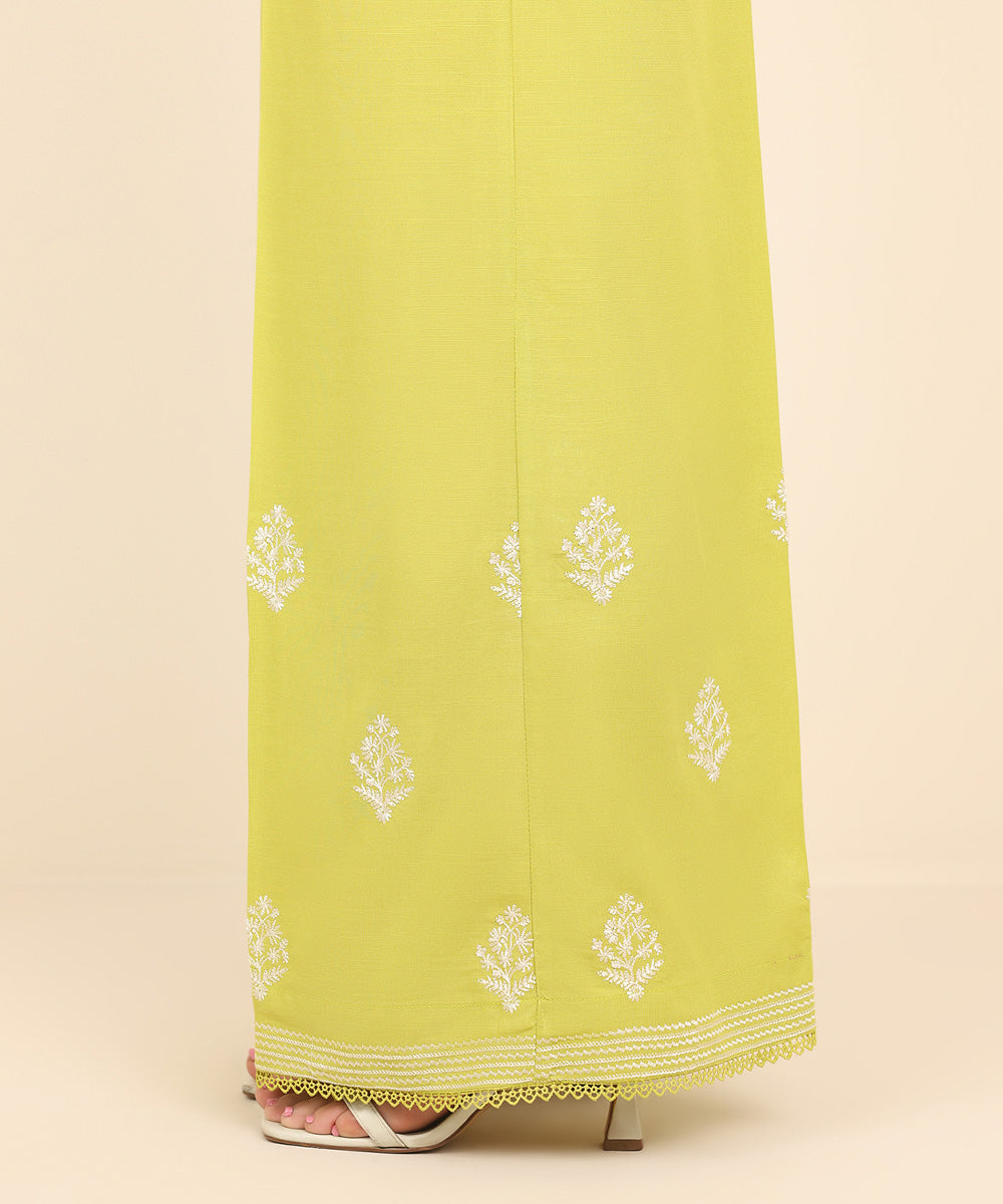 Women's Pret Dull Raw Silk Yellow Embroidered Flared Pants