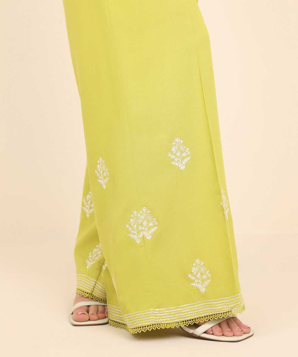 Women's Pret Dull Raw Silk Yellow Embroidered Flared Pants