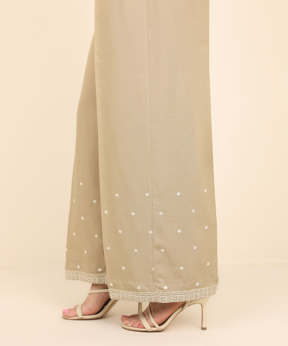 Women's Pret Dull Raw Silk Beige Embroidered Culottes