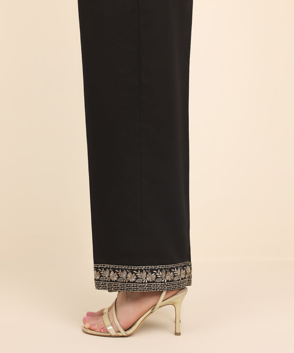 Women's Pret Dull Raw Silk Black Embroidered Straight Pants