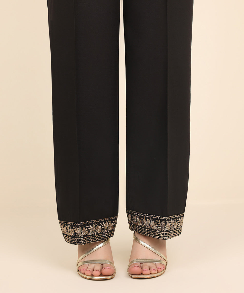 Women's Pret Dull Raw Silk Black Embroidered Straight Pants