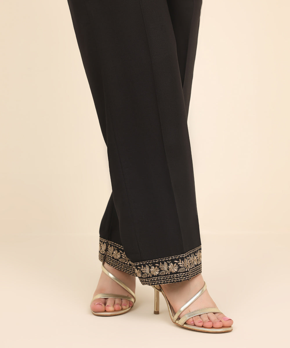 Women's Pret Dull Raw Silk Black Embroidered Straight Pants