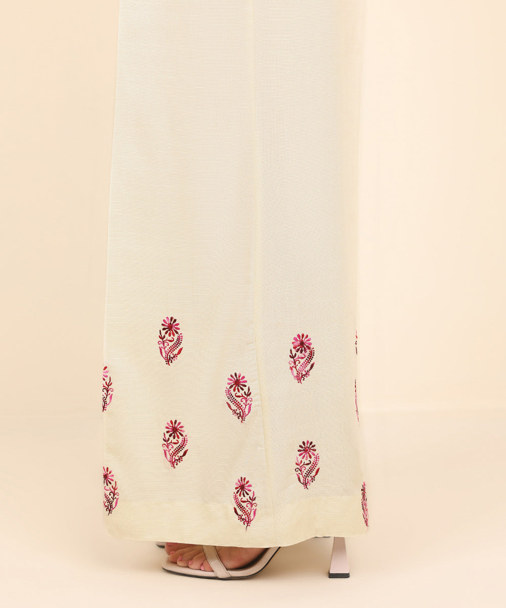 Women's Pret Dull Raw Silk Off White Embroidered Flared Pants