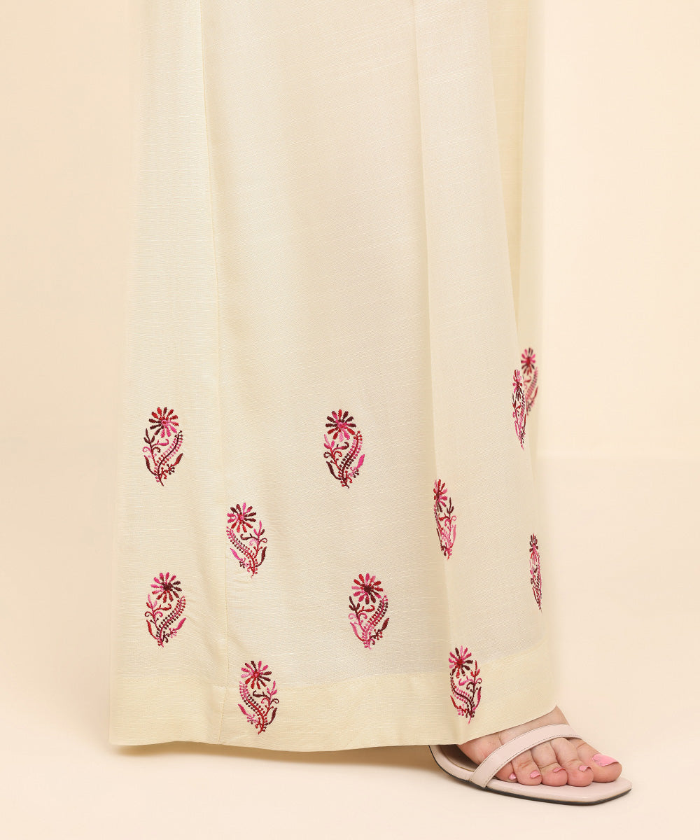 Women's Pret Dull Raw Silk Off White Embroidered Flared Pants