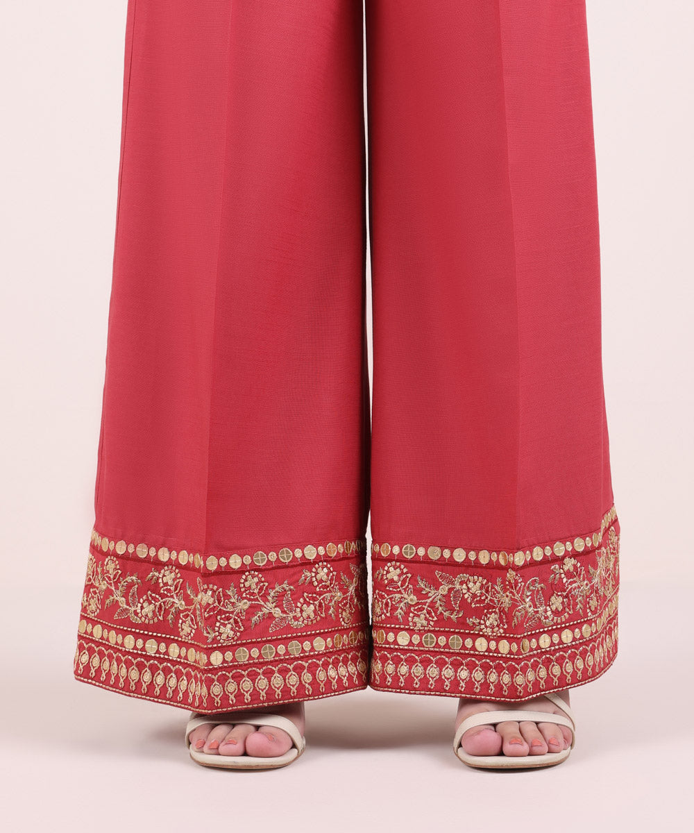 Women's Pret Dull Raw Silk Embroidered Red Flared Pants