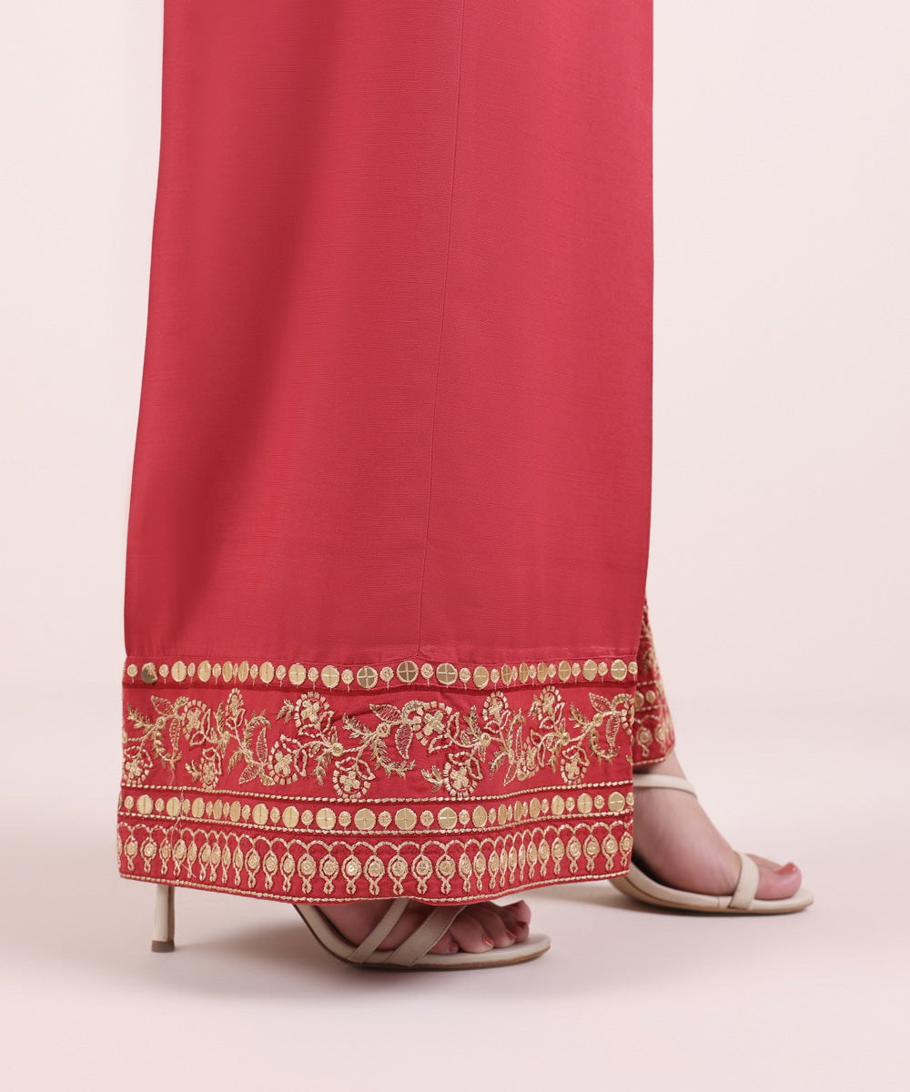 Women's Pret Dull Raw Silk Embroidered Red Flared Pants