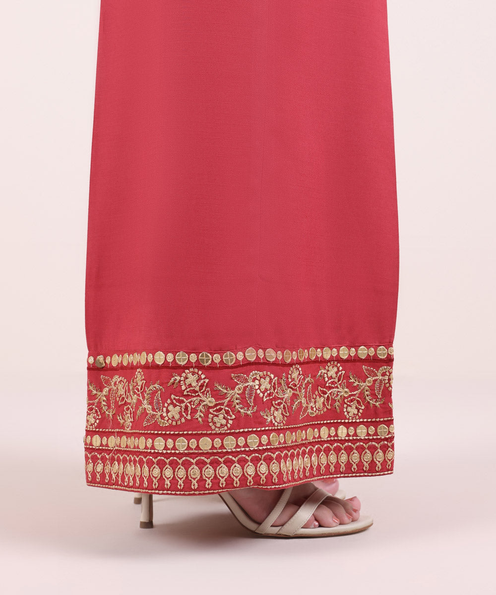 Women's Pret Dull Raw Silk Embroidered Red Flared Pants