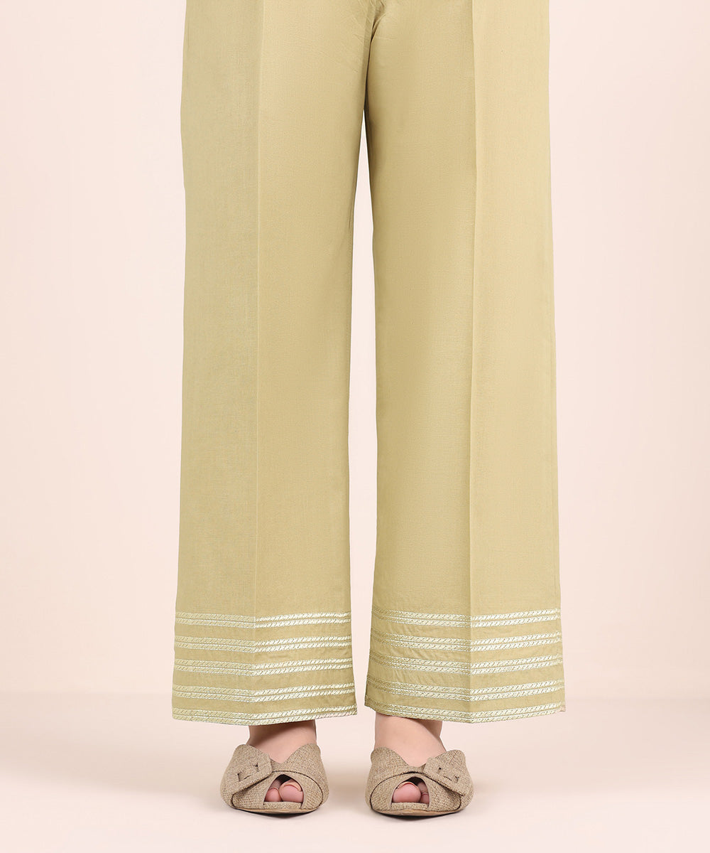 Women's Pret Cambric Beige Embroidered Straight Pants