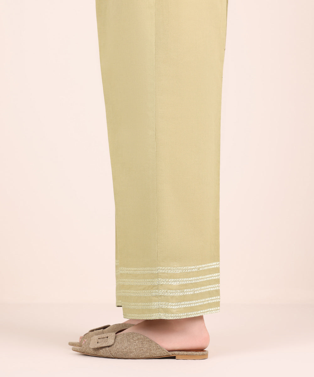 Women's Pret Cambric Beige Embroidered Straight Pants