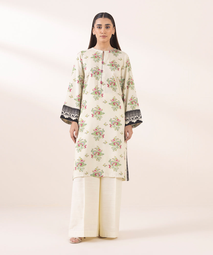 Women's Pret Printed Light Beige Linen Straight Shirt