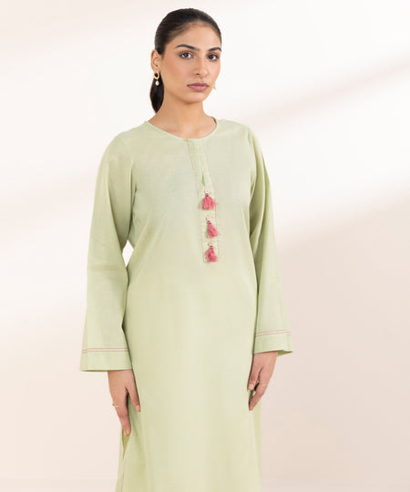 Women's Pret Solid Mint Green Khaddar A Line Shirt