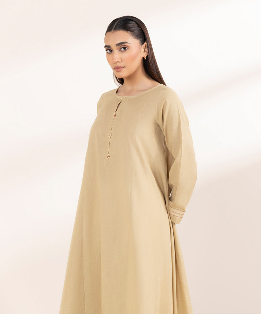 Women's Pret Solid Biege Khaddar A Line Flared Shirt