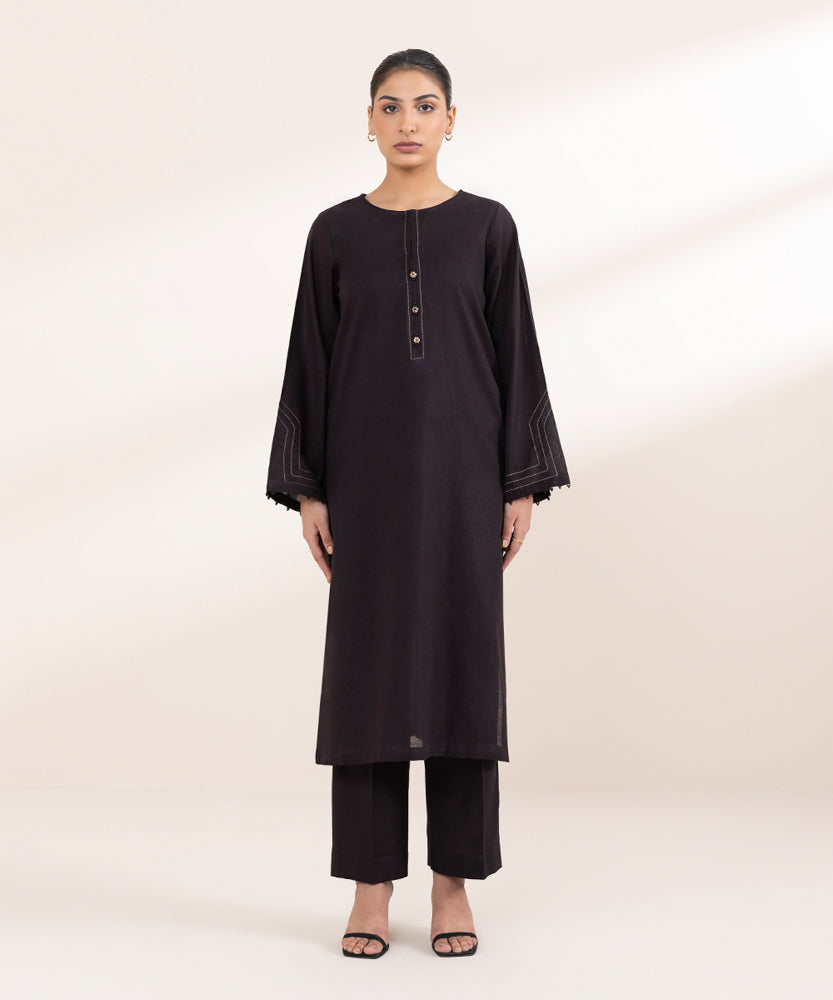 Women's Pret Solid Dark Brown Khaddar A Line Shirt