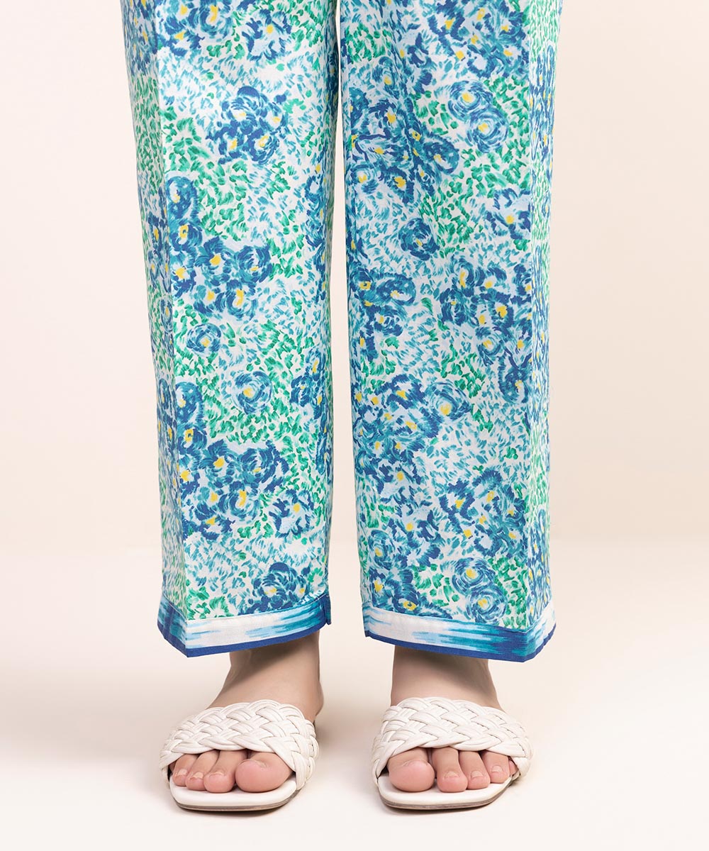 Women's Pret Cambric Blue Printed Straight Pants