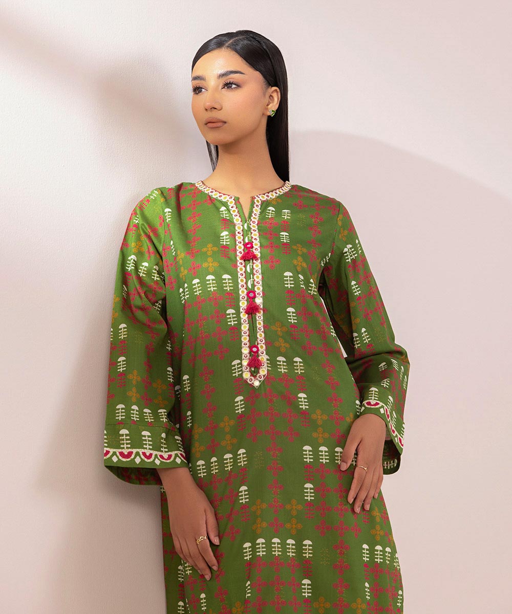 Women's Pret Cross Hatch Printed Embroidered Green A-Line Shirt