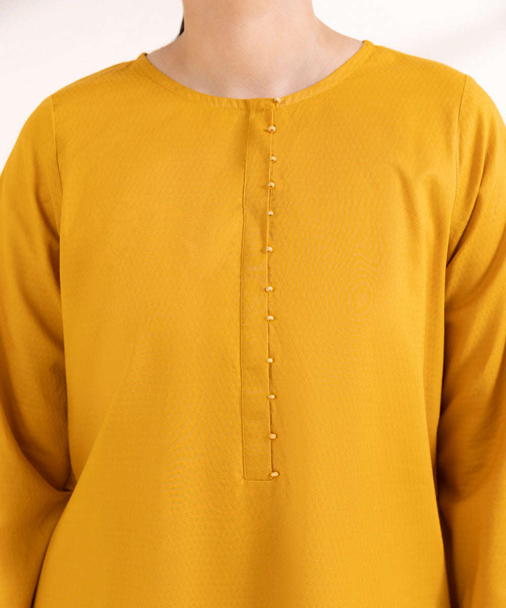 Women's Pret Dobby Solid Yellow A-Line Shirt