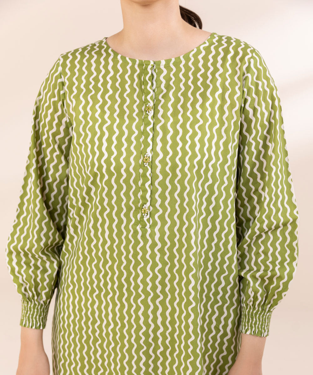 Women's Pret Cotton Viscose Printed Green Straight Shirt