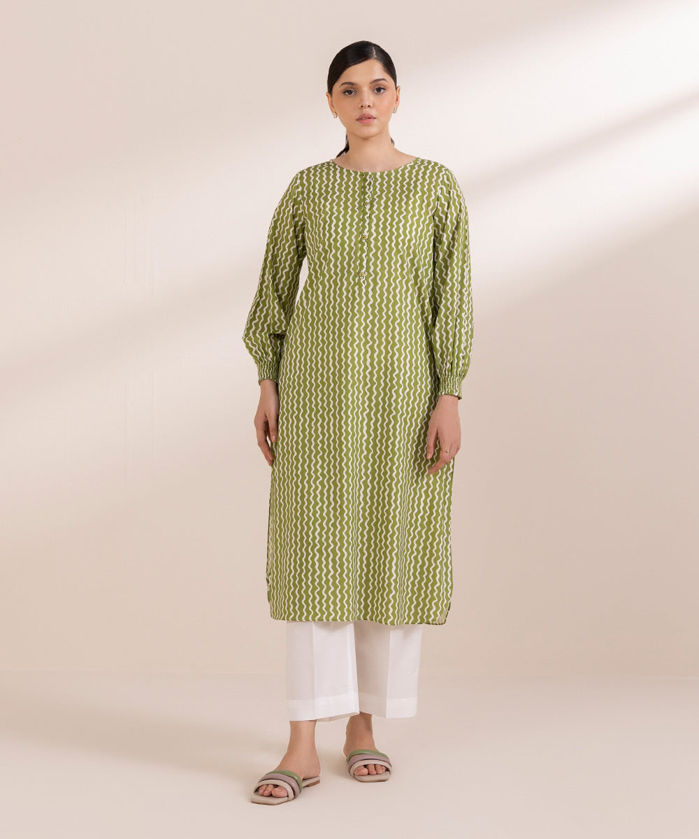 Women's Pret Cotton Viscose Printed Green Straight Shirt