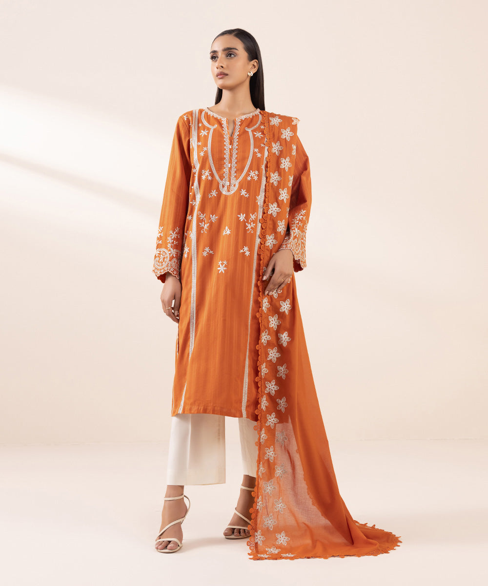 Fine Voile Orange Embroidered Dupatta