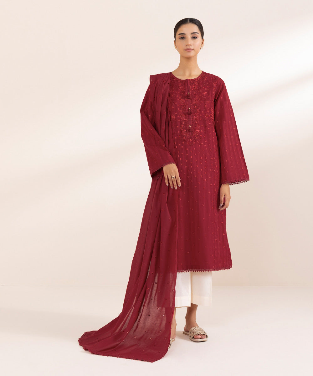 Fine Voile Red Embroidered Dupatta