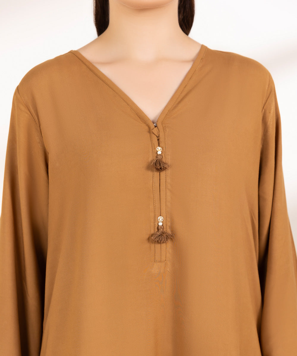 Women's Pret Linen Solid Brown Straight Shirt