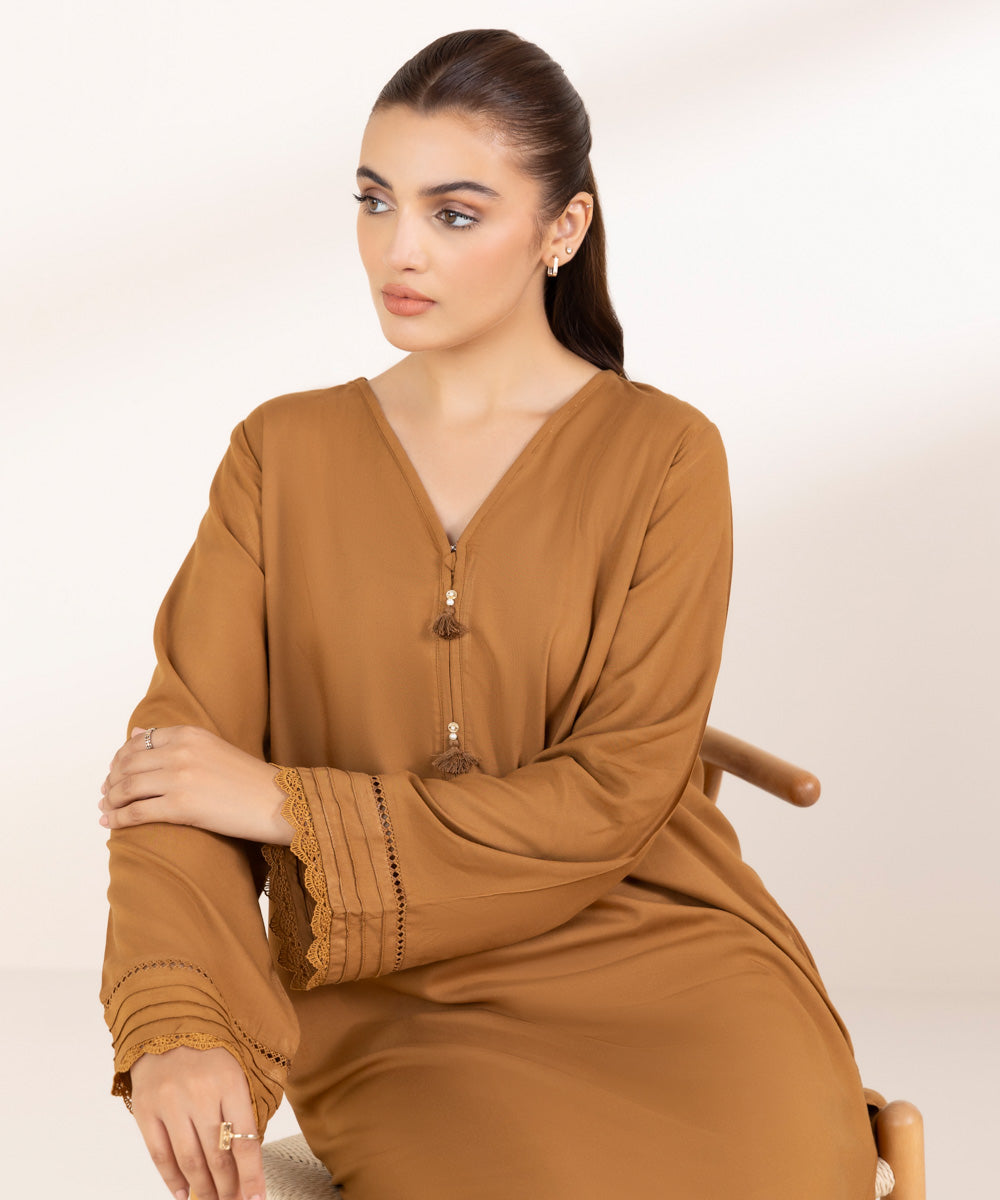 Women's Pret Linen Solid Brown Straight Shirt