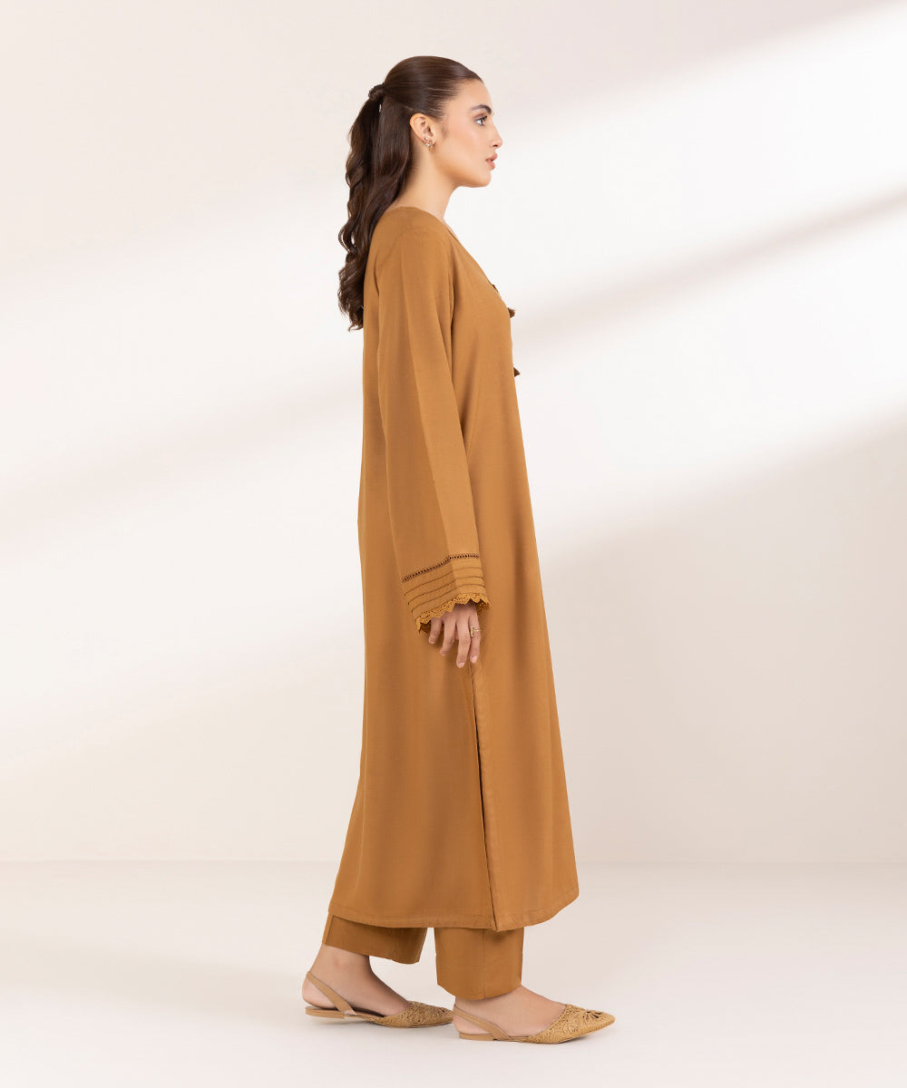 Women's Pret Linen Solid Brown Straight Shirt