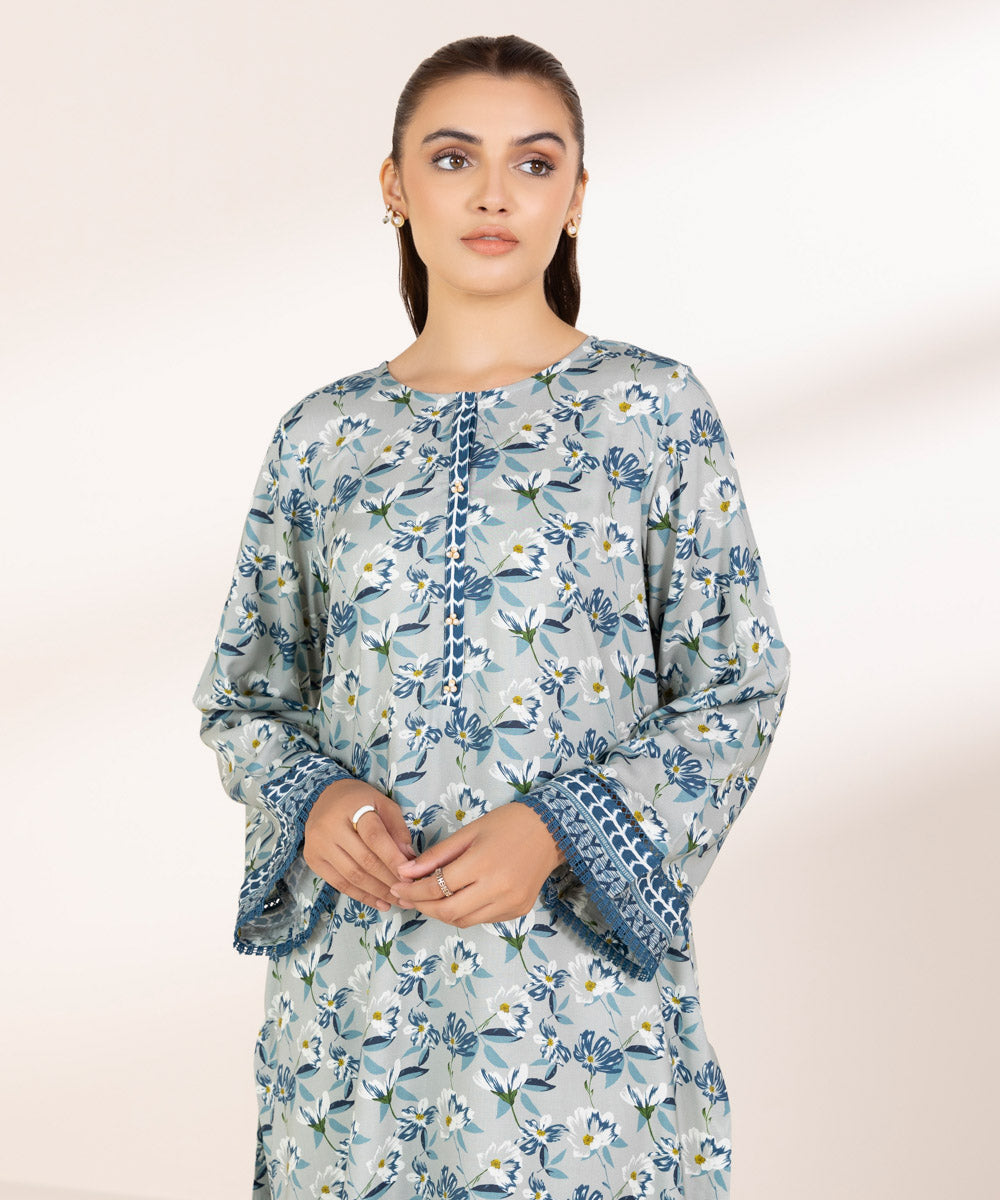 Women's Pret Linen Printed Blue on Grey A-Line Shirt