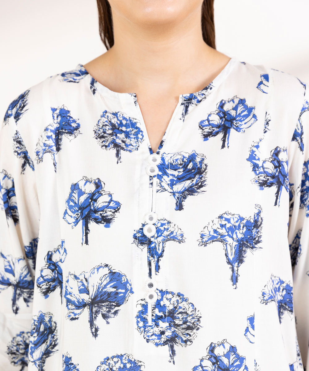 Women's Pret Linen Printed White A-Line Shirt