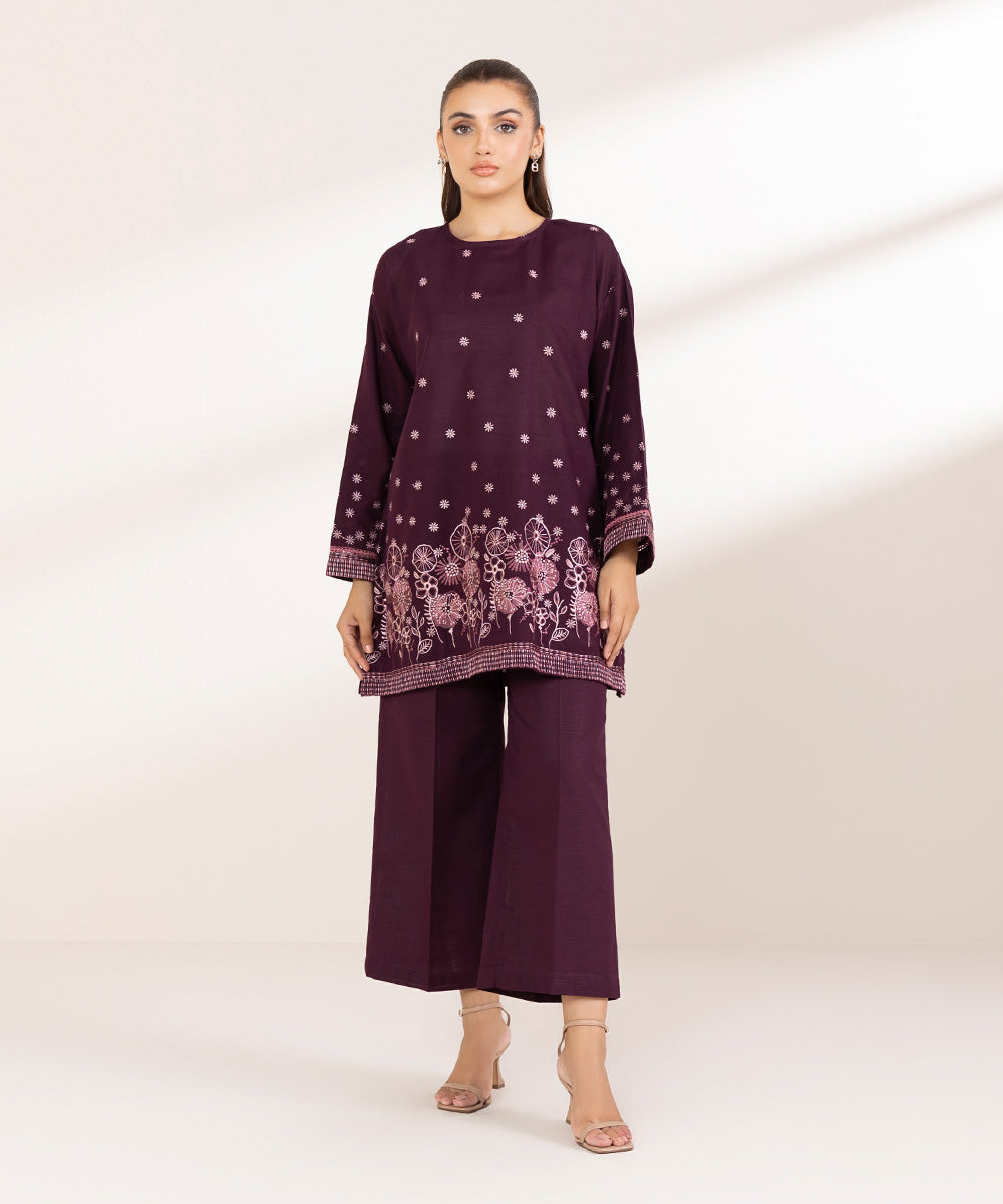 Women's Pret Khaddar Embroidered Plum Boxy Shirt